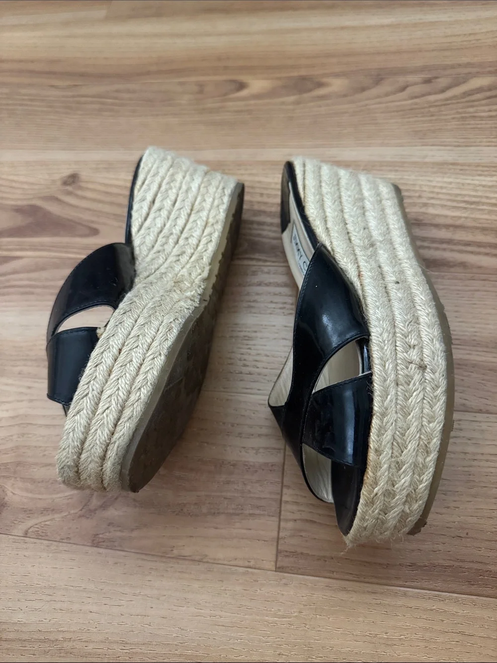 Jimmy Choo Black Patent Leather Espadrille Wedge Sandals - Picture 2 of 12